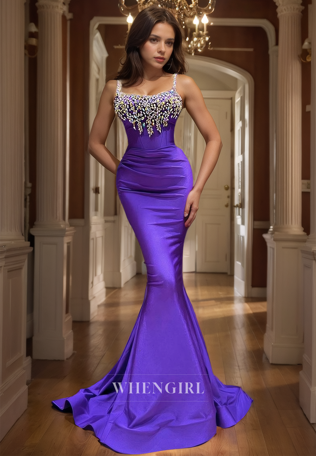 Spaghetti Straps Tube Top Mermaid Formal Gowns Sleeveless Train Pleated Satin Prom Dress with Beads