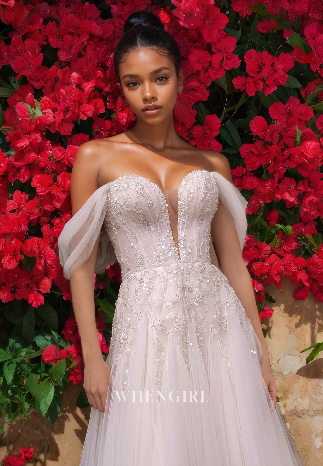 Off-Shoulder Sweetheart A-line Wedding Dress Sleeveless Sequins Lace Bridal Dress with Brush Train