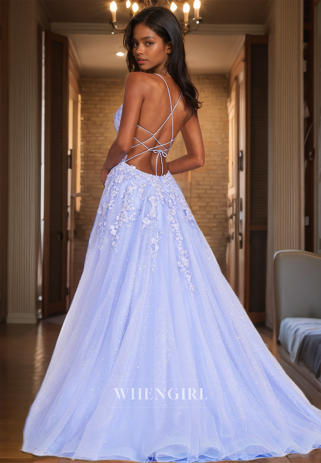 Spaghetti Straps A-Line Sweetheart Sleeveless Prom Dress High Slit Lace Party Dress with Appliques