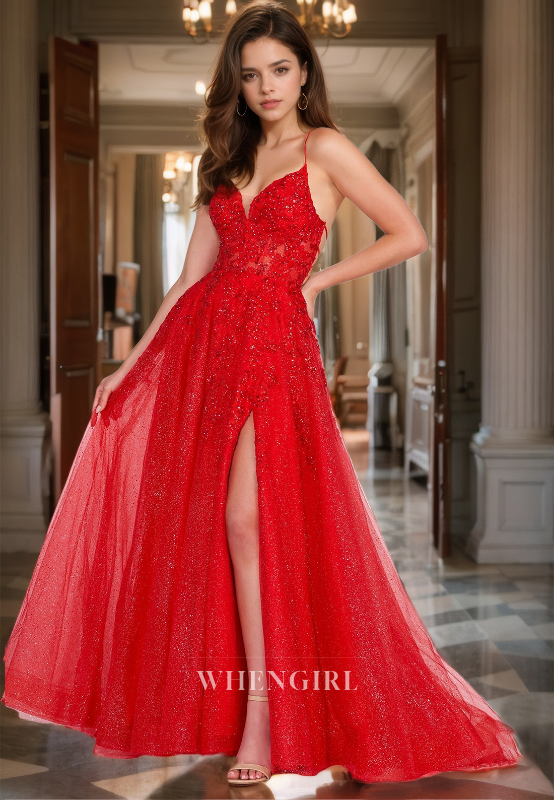 Spaghetti Straps A-Line Sweetheart Sleeveless Prom Dress High Slit Lace Party Dress with Appliques