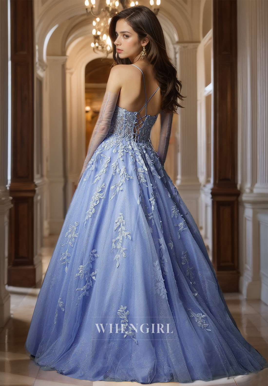Spaghetti Straps Tube Top A-Line Sleeveless Evening Dress Appliques Lace Prom Dress with Gloves