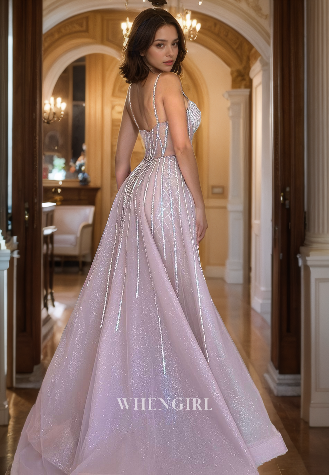 Sweetheart Sheath Prom Dress Spaghetti Straps Stripe High Slit beads Lace Party Gowns with Overskirt