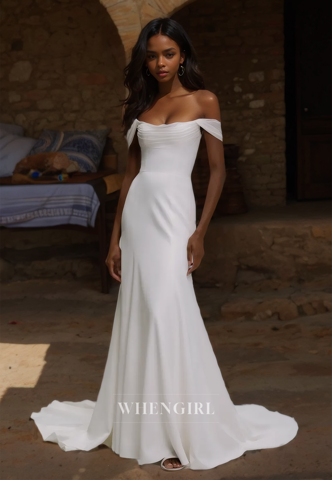 Off-Shoulder Sheath Wedding Dress Sleeveless Ruched Satin Bridal Gowns with Sweep Train