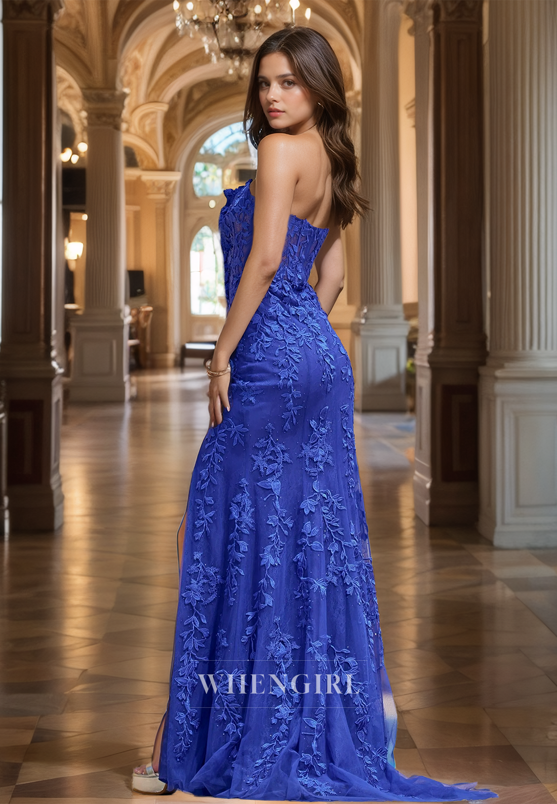 Strapless Tube Top Sleeveless Mermaid High Split Train Lace Prom Dress Party Dress with Appliques