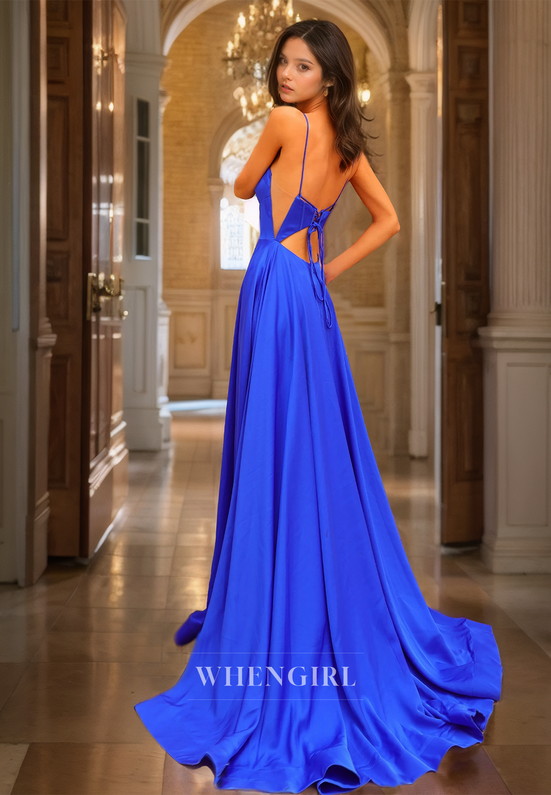 Spaghetti Straps A-Line Sweetheart High Slit Stripe Pleated Satin Prom Dress Party Gowns with Train