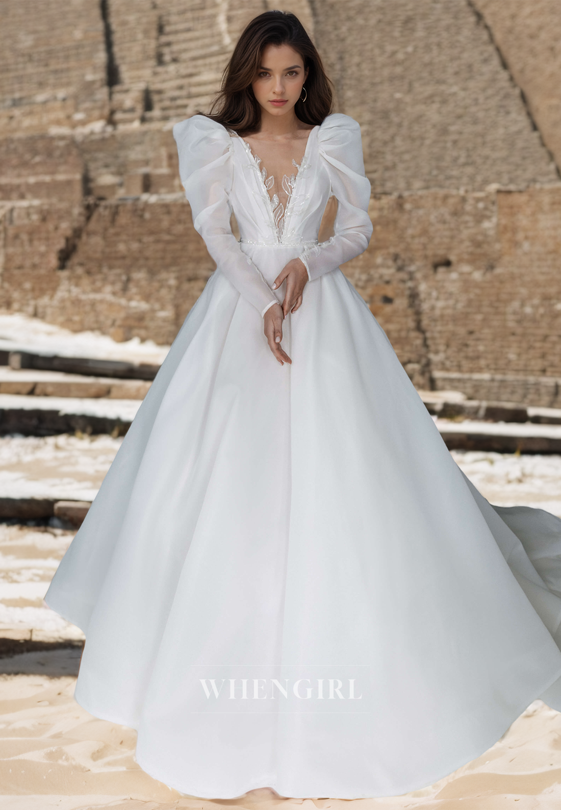 Deep V-Neck A-Line Long Sleeves Appliques Pleated Tulle Wedding Dress Bridal Gowns with Train
