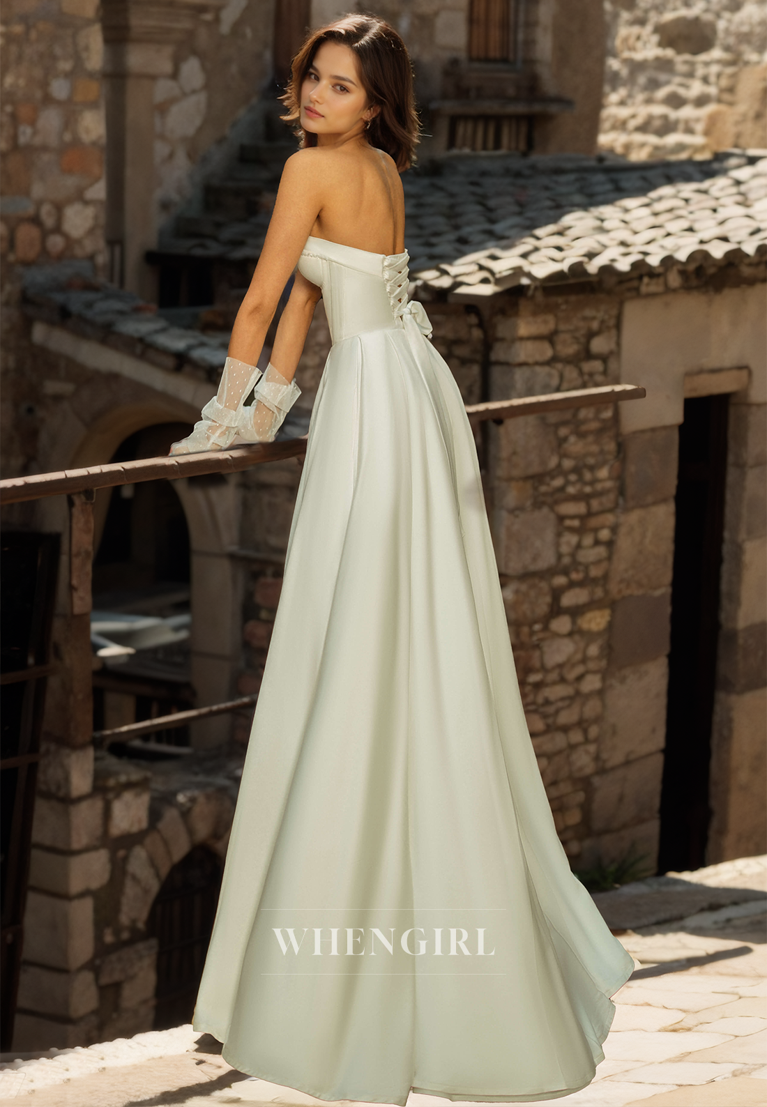 Tube Top Sleeveless A-Line Sweep Train Pleats Satin Wedding Dress with Gloves Bridal Dress