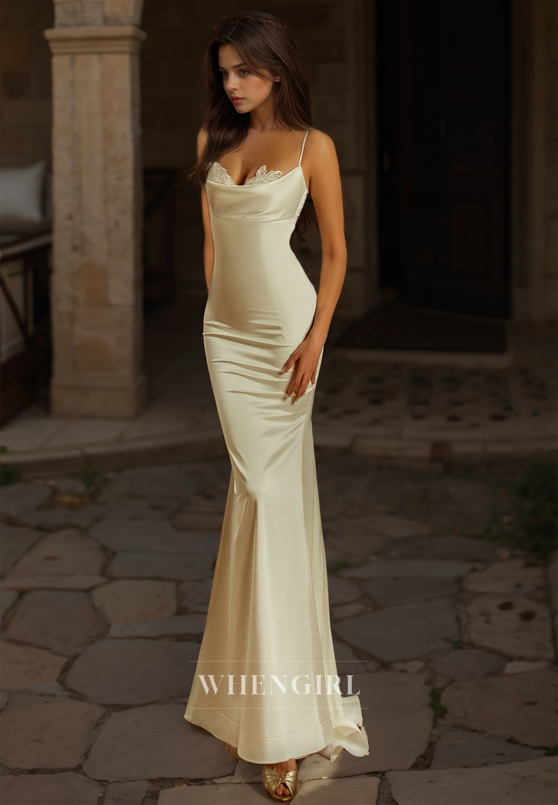 Beach Spaghetti Straps Mermaid Wedding Dress Sleeveless Train Satin Boho Gowns with Appliques