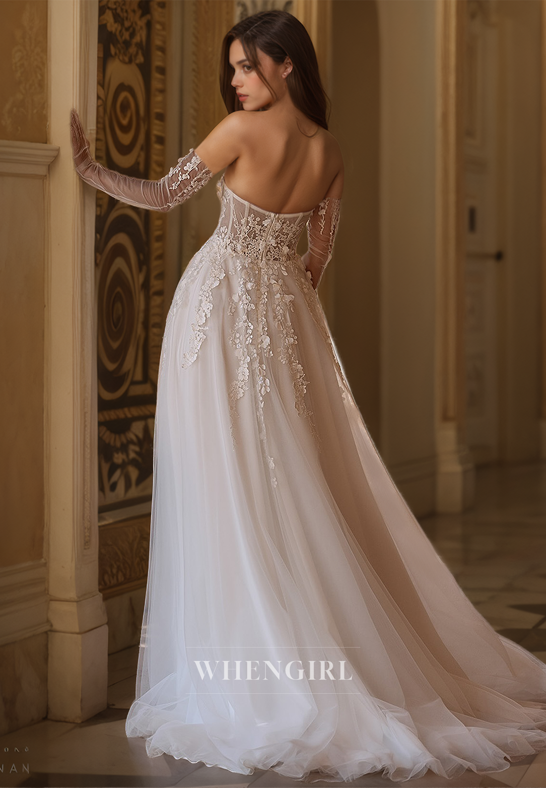 Sweetheart Half Sleeves A-Line Sweep Train Pleated Lace Wedding Dress Boho Dress with Appliques