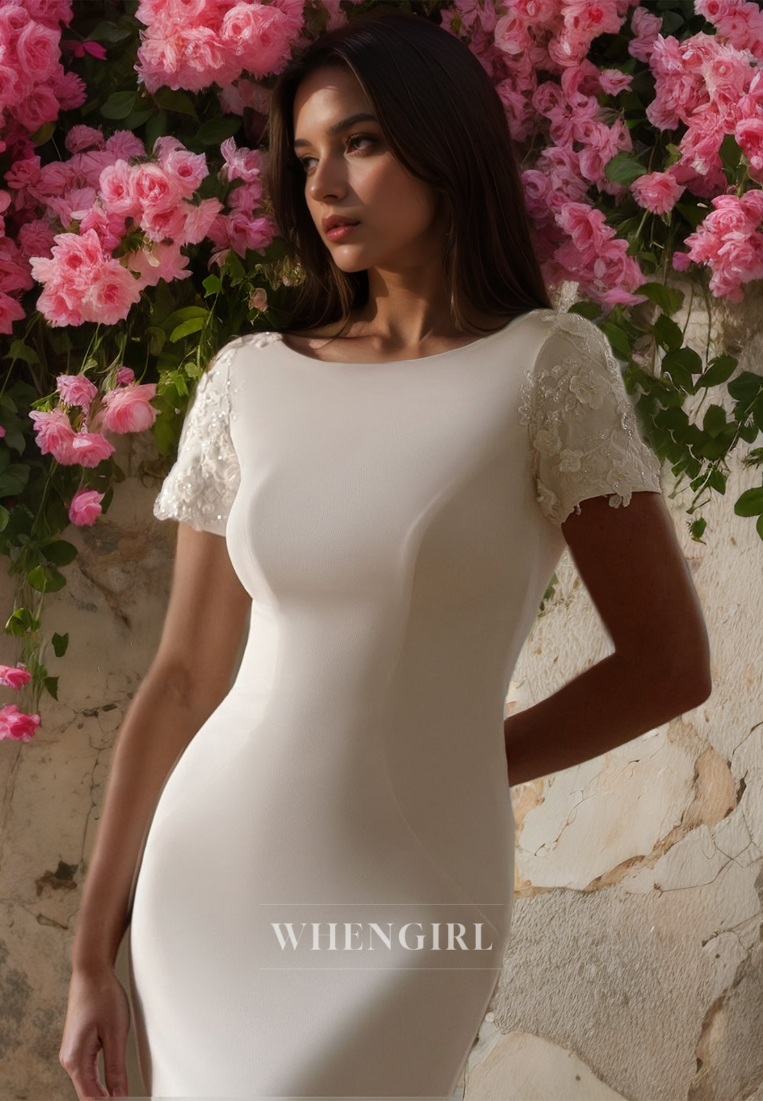 Scoop Neck Short Sleeves Mermaid Brush Train Satin Wedding Dress with Appliques Bridal Dress