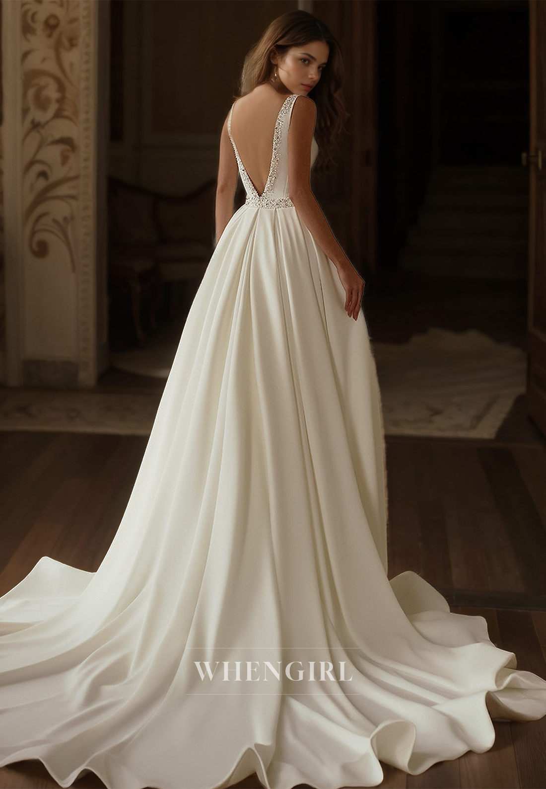 V-Neck Straps Sleeveless Mermaid Boho Dress Train Beads Satin Beach Wedding Dress with Detachable Overskirt