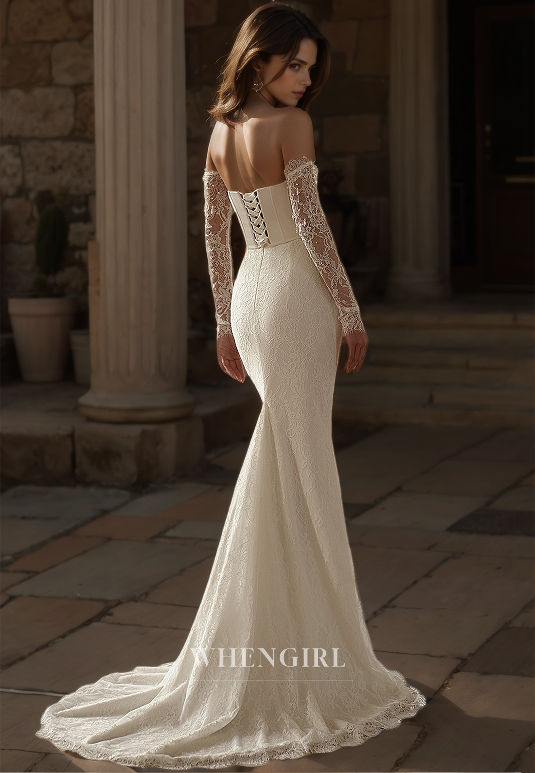 Sweetheart Long Sleeves Mermaid Beaded Appliques Lace Wedding Dress with Detachable Overskirt