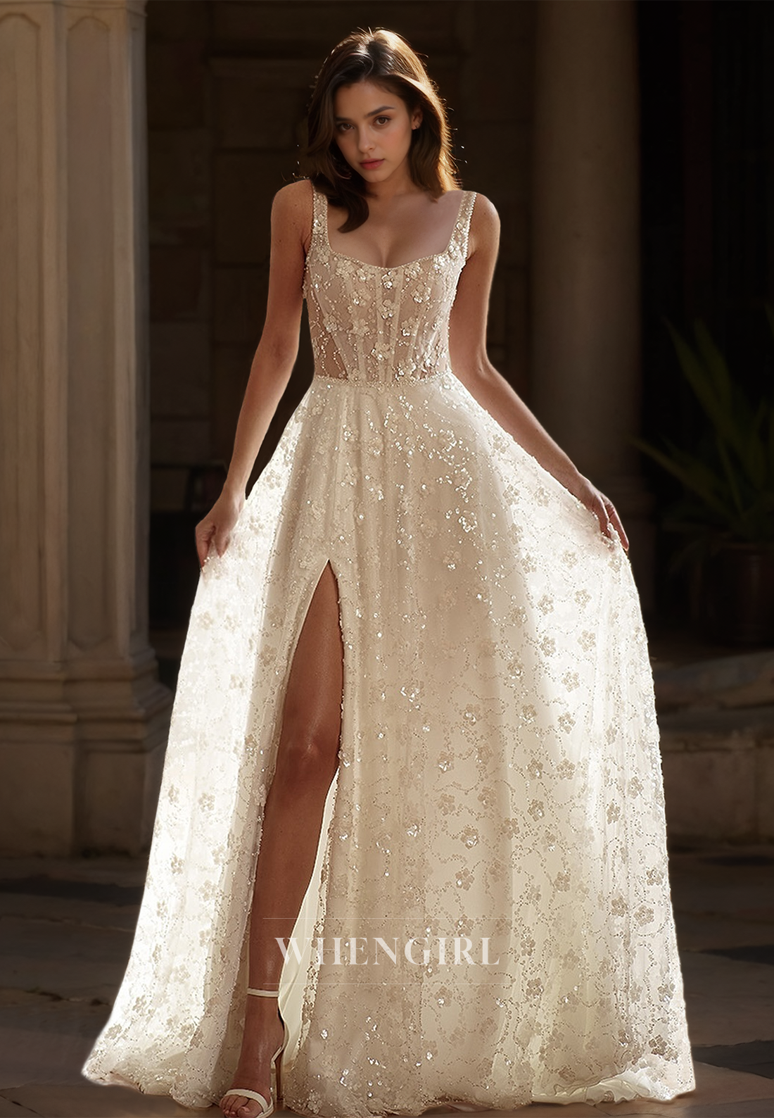 Square Neck Straps Sleeveless A-Line Slit Appliques Lace Bridal Gowns with Train Wedding Dress
