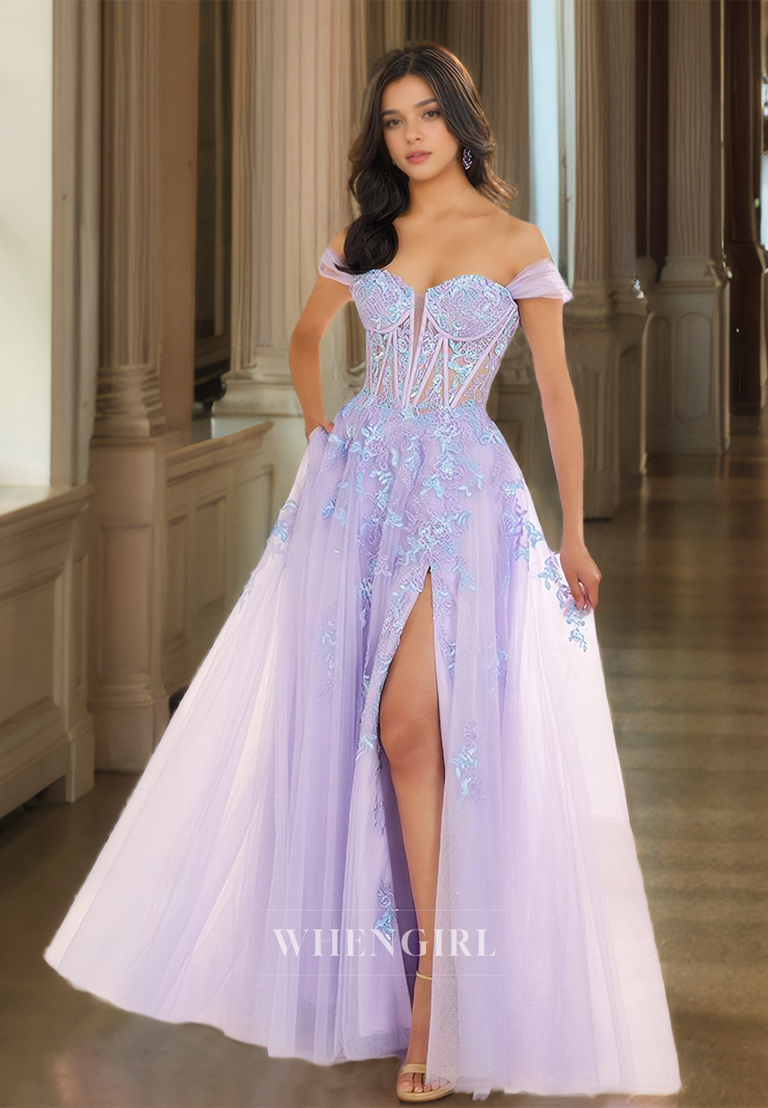 Off-Shoulder Sweetheart A-Line Sleeveless High Slit Lace Prom Dress with Appliques Evening Dress