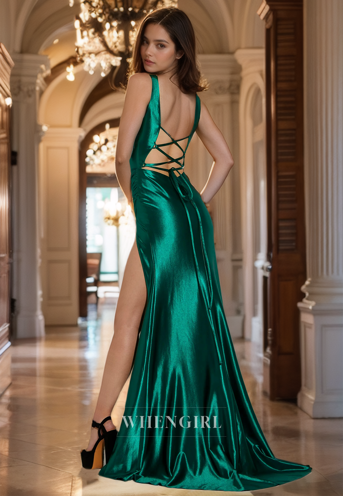 V-Neck Straps Sheath Sleeveless High Split Pleated Satin Prom Dress Formal Gowns with Train