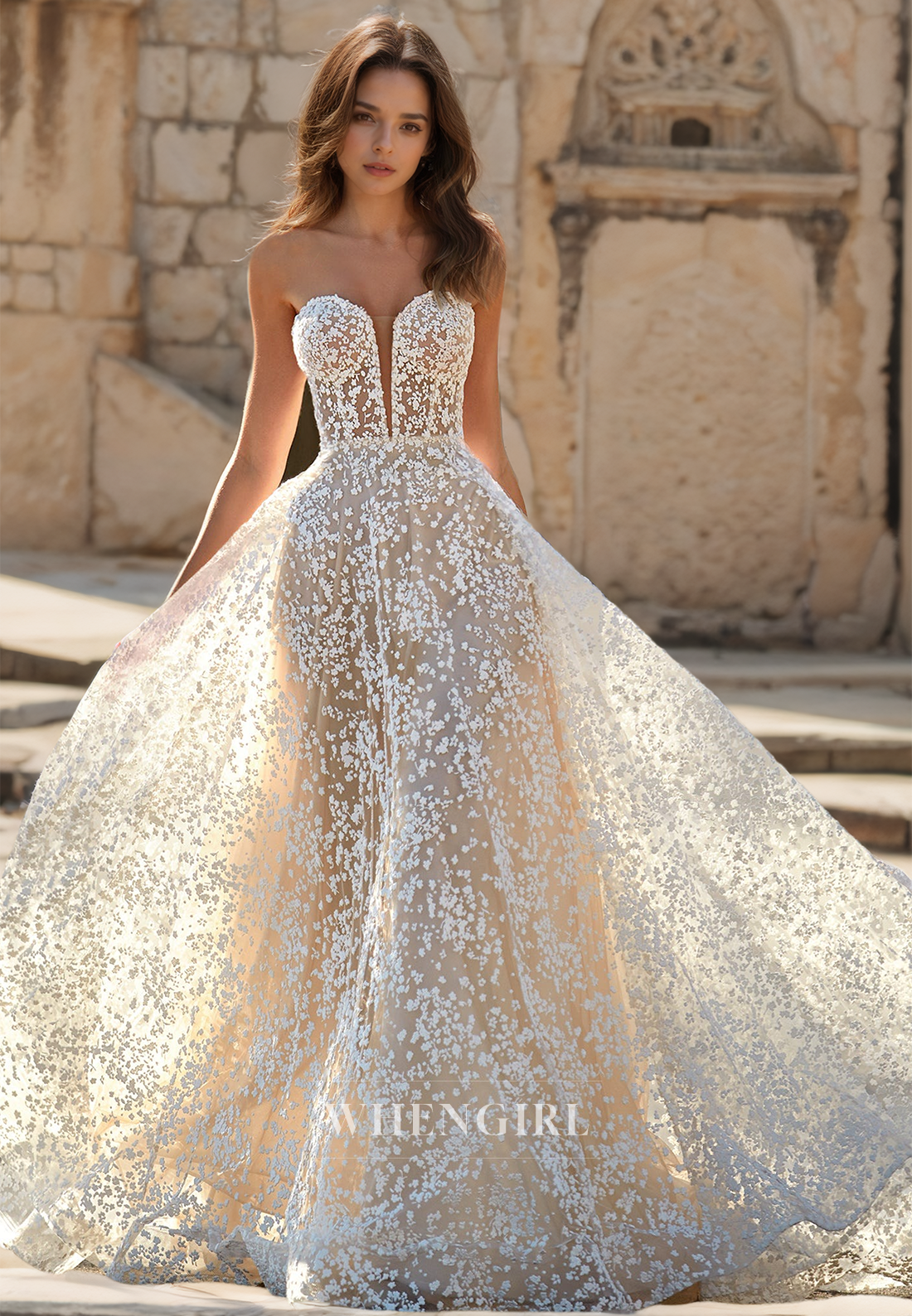 Sweetheart Sleeveless A-Line Floral Pleated Lace Wedding Dress Bridal Gowns with Sweep Train