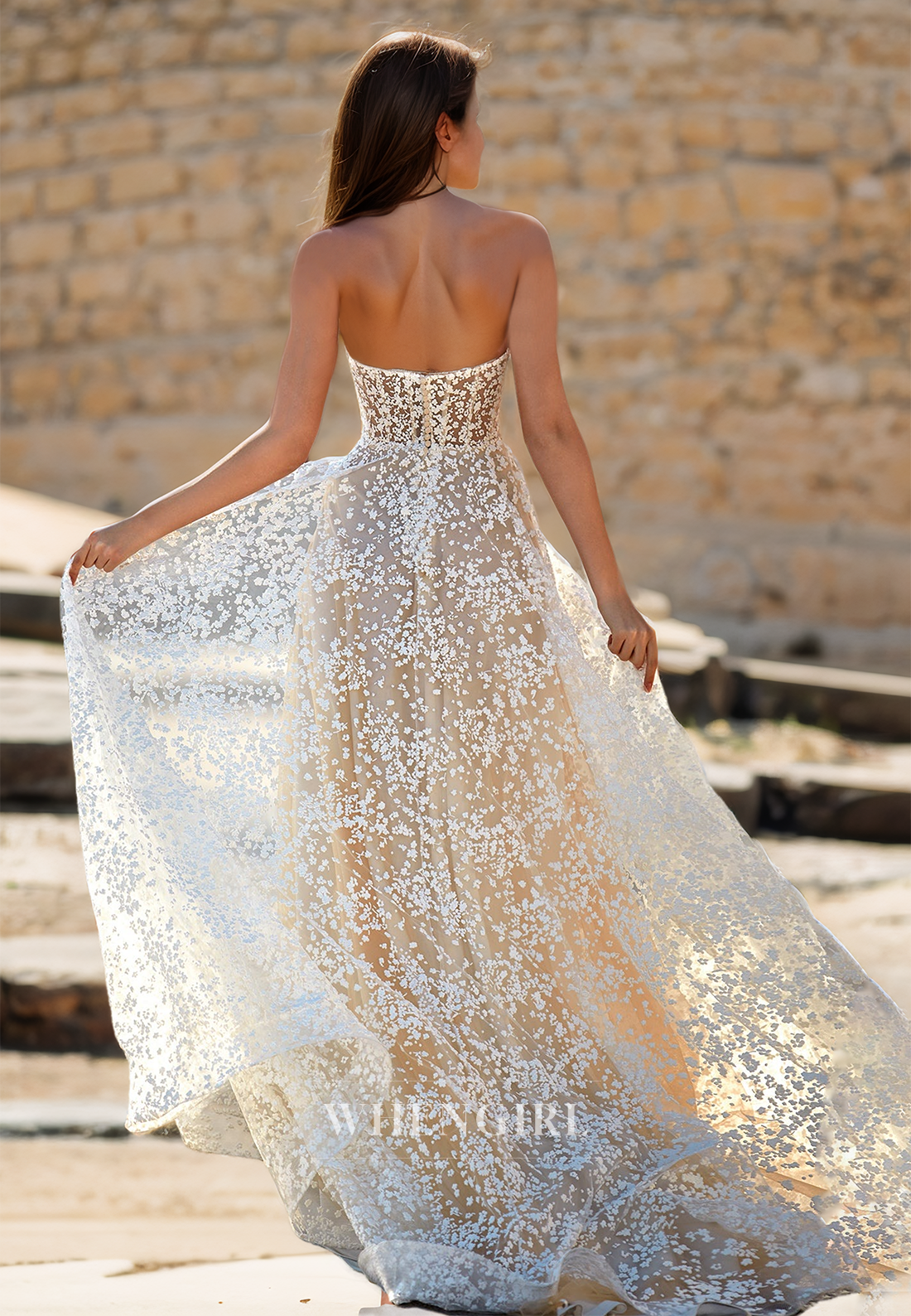 Sweetheart Sleeveless A-Line Floral Pleated Lace Wedding Dress Bridal Gowns with Sweep Train
