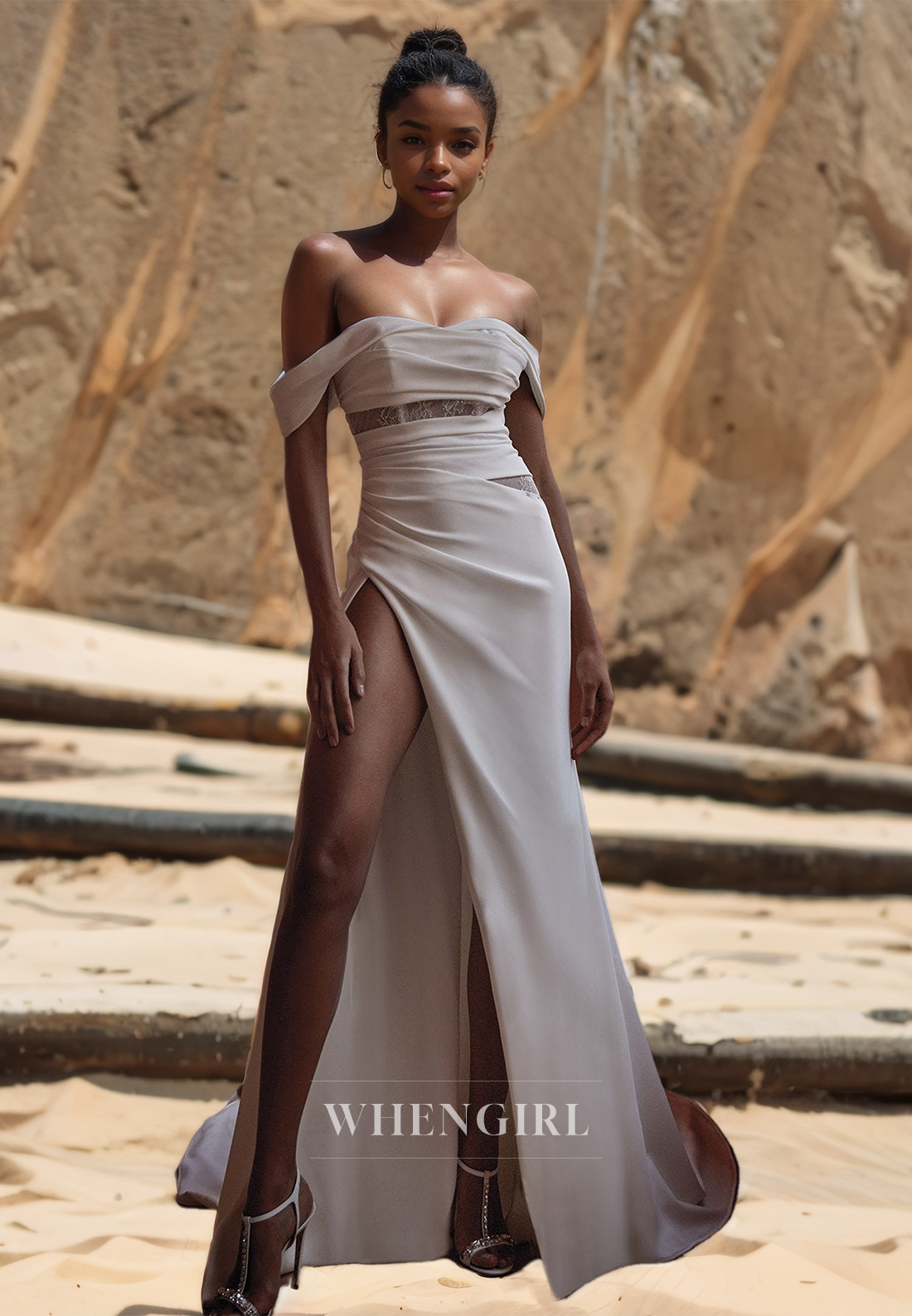 Off-Shoulder Sweetheart Sheath Sleeveless High Split Pleated Satin Bridal Gowns with Train Wedding Dress