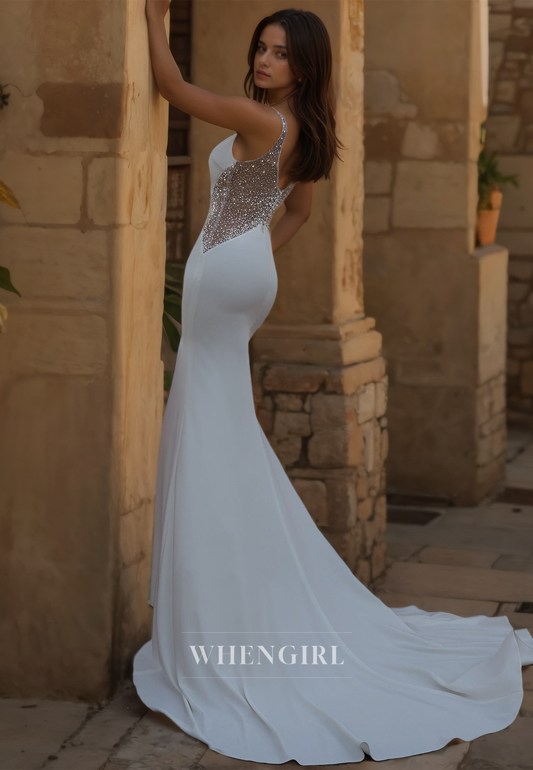 V-Neck Straps Mermaid Wedding Dress Sleeveless Sweep Train Bridal Gowns with Beaded