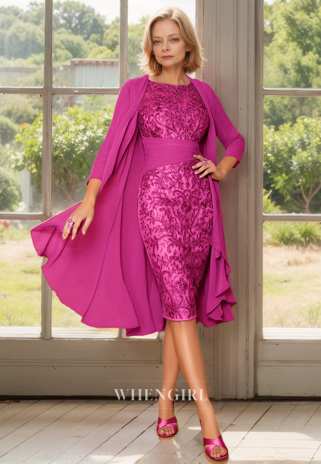 Scoop Neck Half Sleeves Sheath Appliques Two Piece Cocktail Dress with Beads Mother of Bride Dress