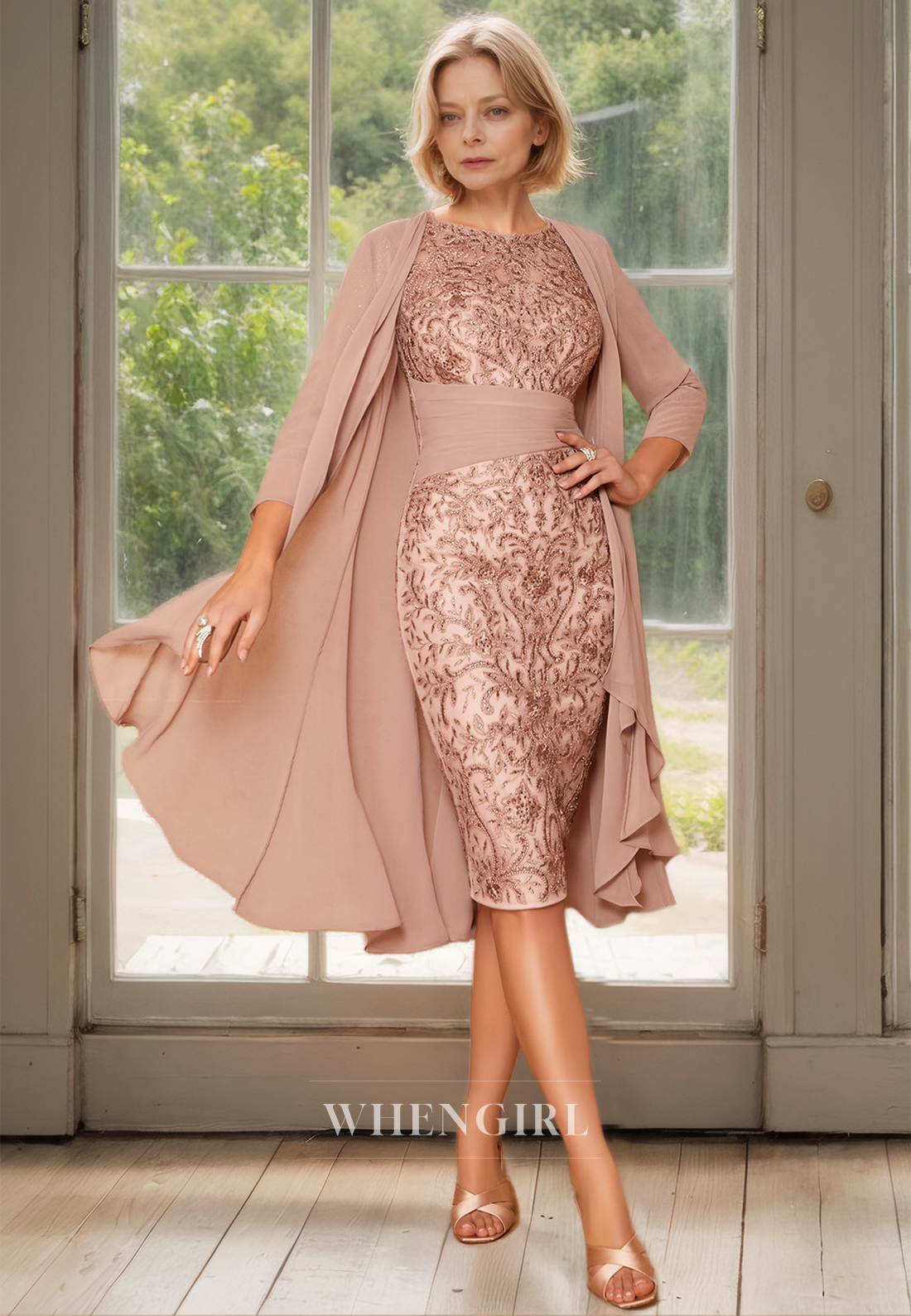 Scoop Neck Half Sleeves Sheath Appliques Two Piece Cocktail Dress with Beads Mother of Bride Dress
