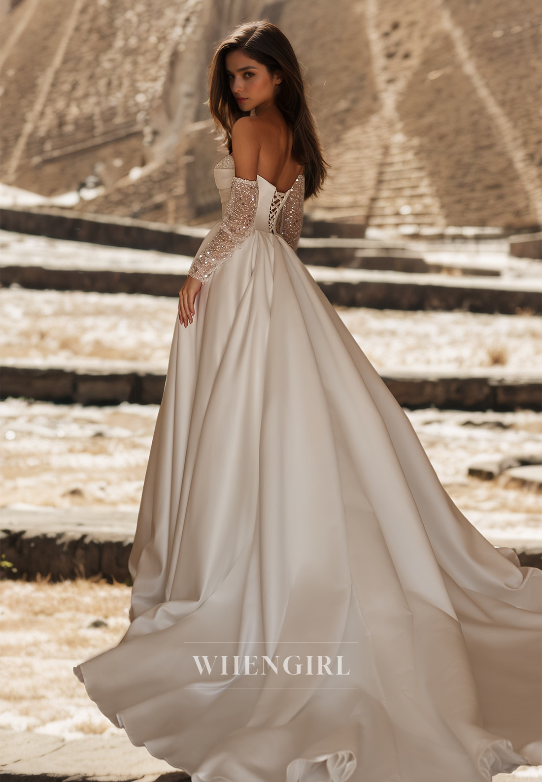 Tube Top Long Sleeves A-Line Sweep Train Stripe Pleated Satin Wedding Dress with Beads Bridal Gowns