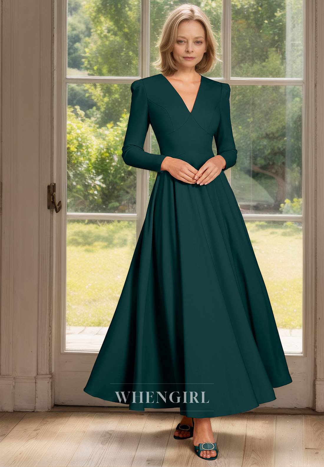A-Line V-Neck Long Sleeves Ankle-Length Pleated Satin Cocktail Dress Mother of Bride Dress