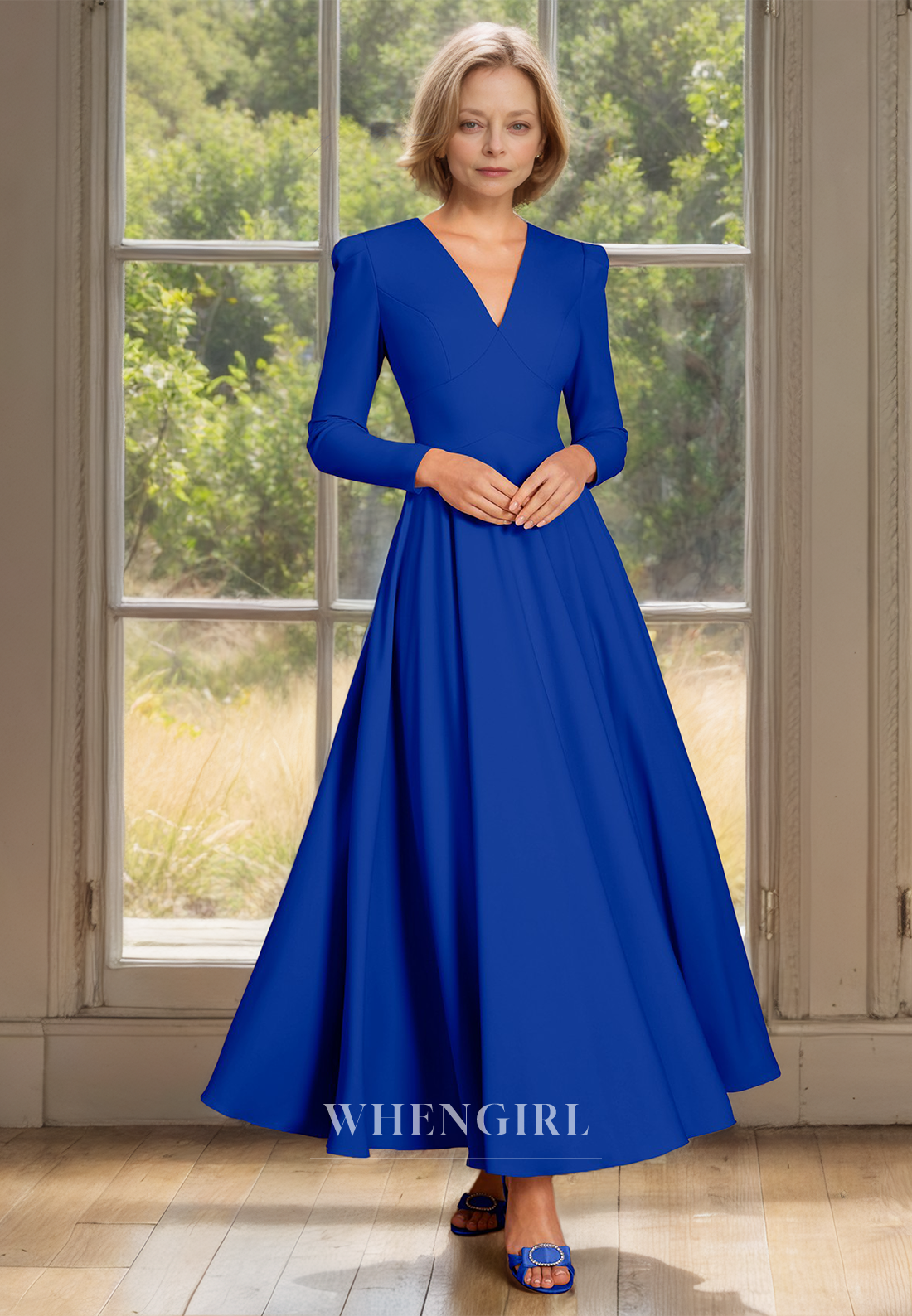 A-Line V-Neck Long Sleeves Ankle-Length Pleated Satin Cocktail Dress Mother of Bride Dress