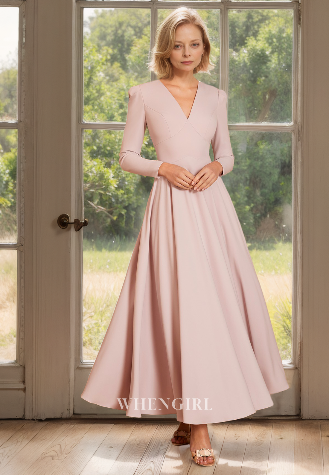 A-Line V-Neck Long Sleeves Ankle-Length Pleated Satin Cocktail Dress Mother of Bride Dress