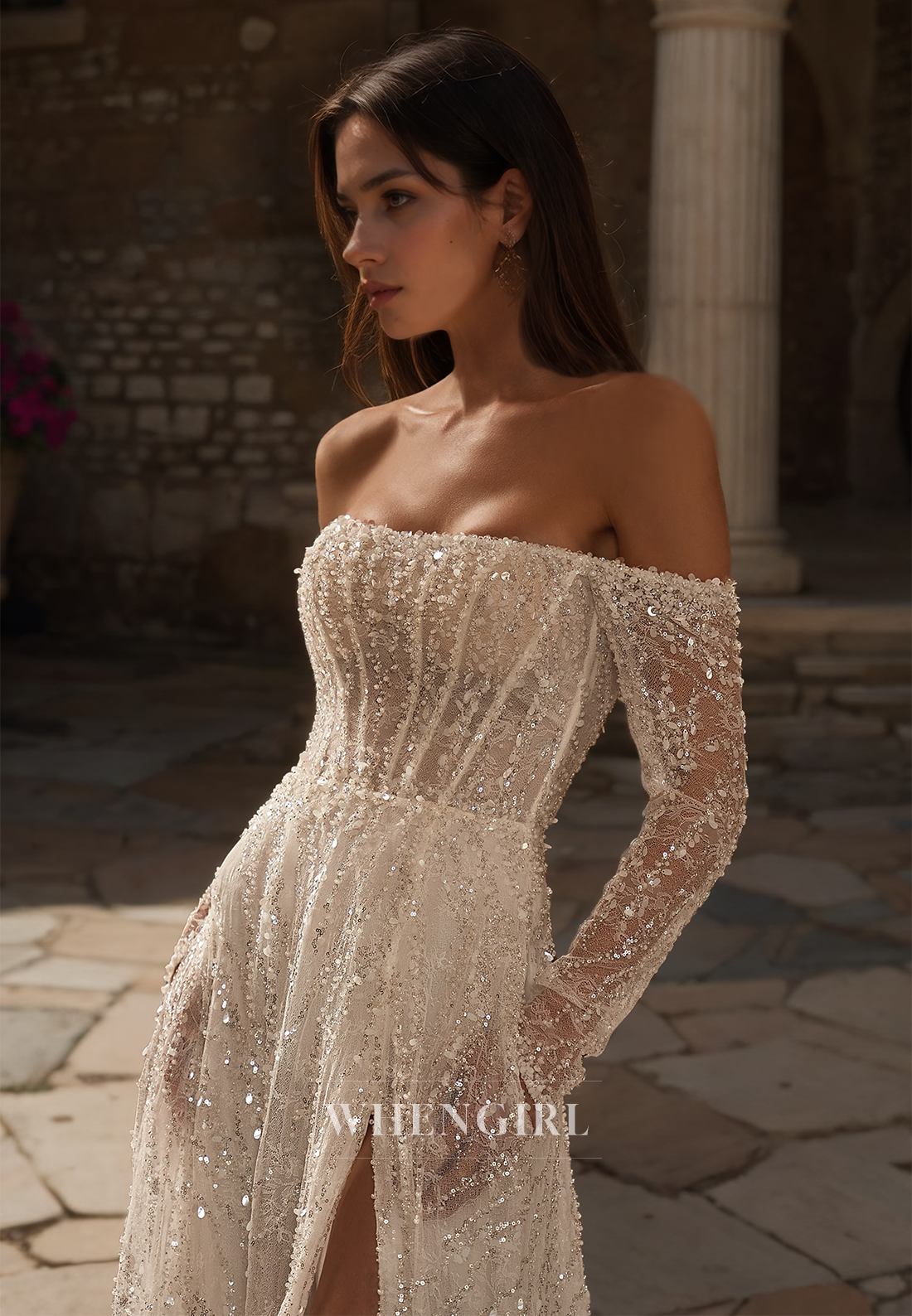 Tube Top Long Sleeves High Slit Sheath Stripe Seuqins Lace Wedding Dress with Train Bridal Gowns
