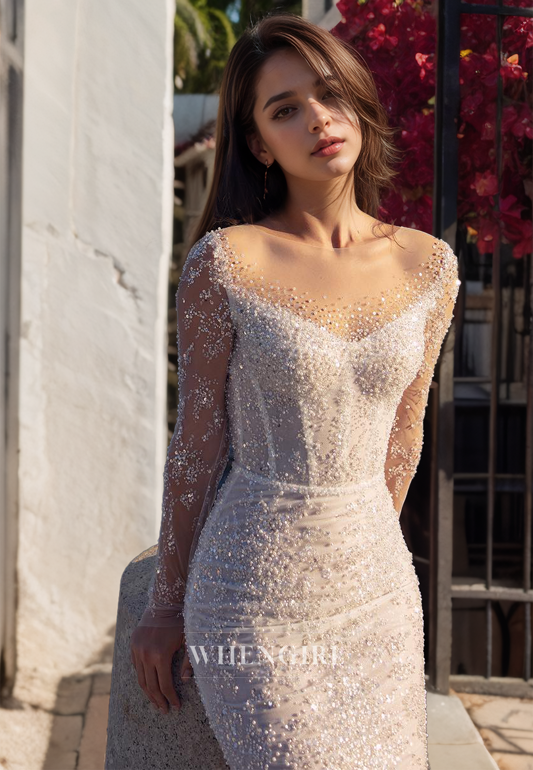 Scoop Neck Long Sleeves Sheath Beads Lace Wedding Dress with Detachable Overskirt Bridal Gowns