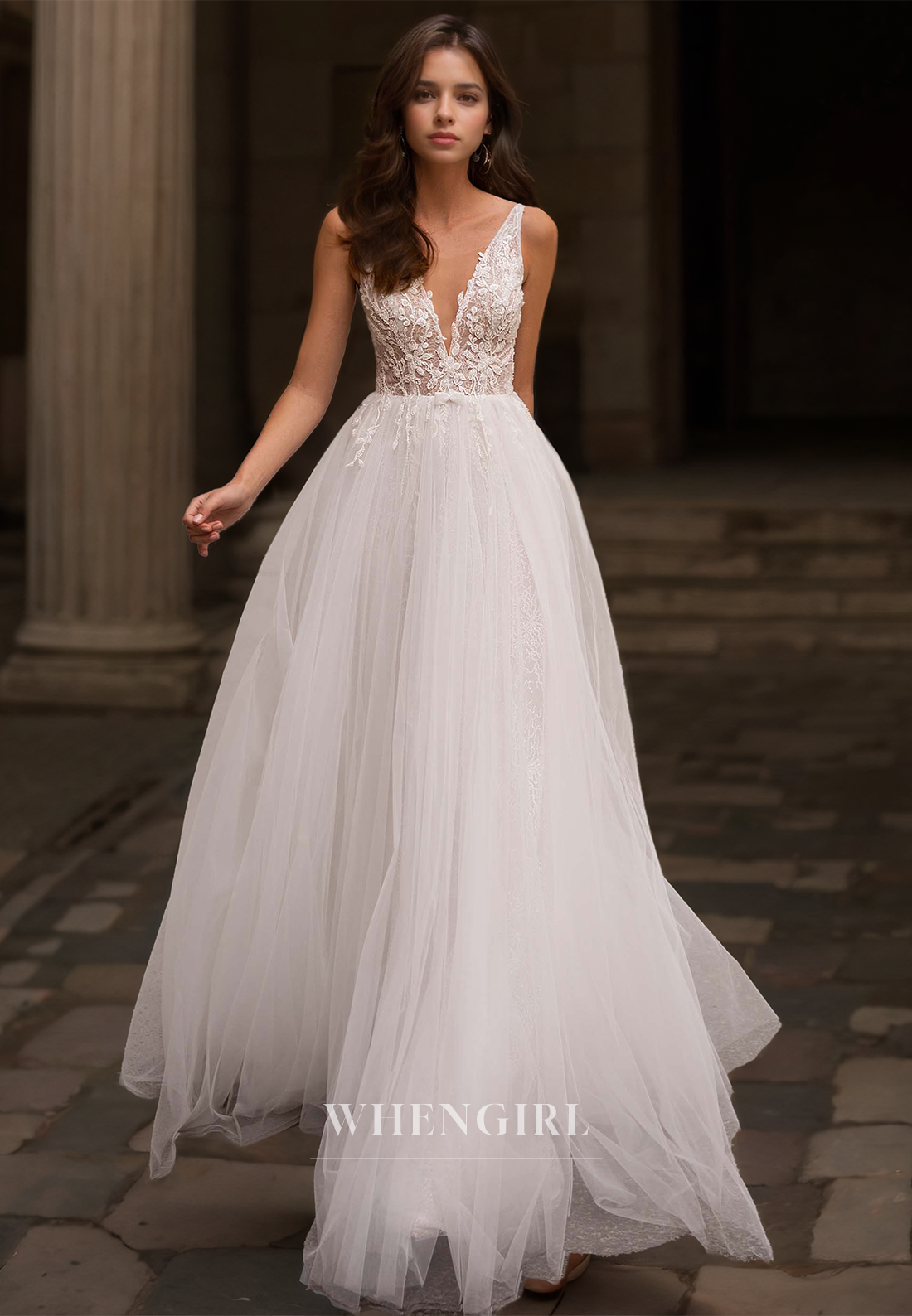 A-Line V-Neck Straps Sleeveless Florr-Length Lace Boho Wedding Dress Beach Dress with Appliques