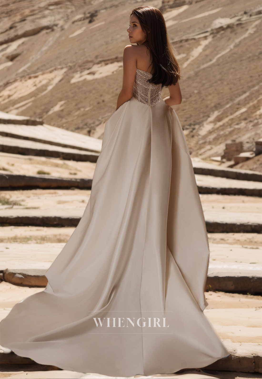 A-Line Sweetheart Sleeveless Brush Train Pleated Satin Wedding Dress Bridal Gowns with Beads