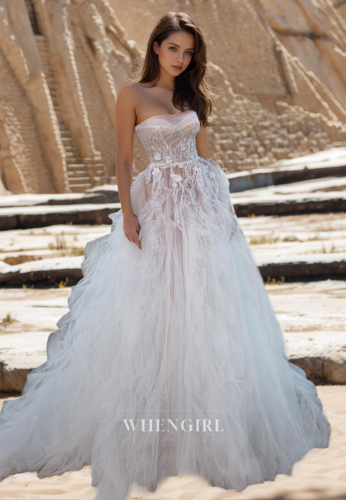 Tube Top A-Line Sleeveless Sweep Train Ruched Lace Beach Wedding Dress with Sequins Boho Gowns
