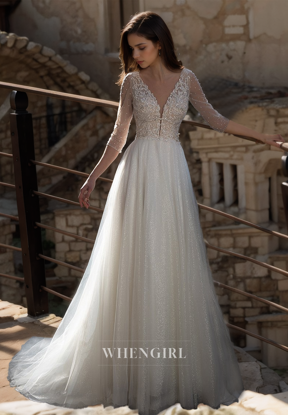 A-Line V-Neck Half Sleeves Glitter Lace Beaded Beach Wedding Dress Boho Gowns with Train