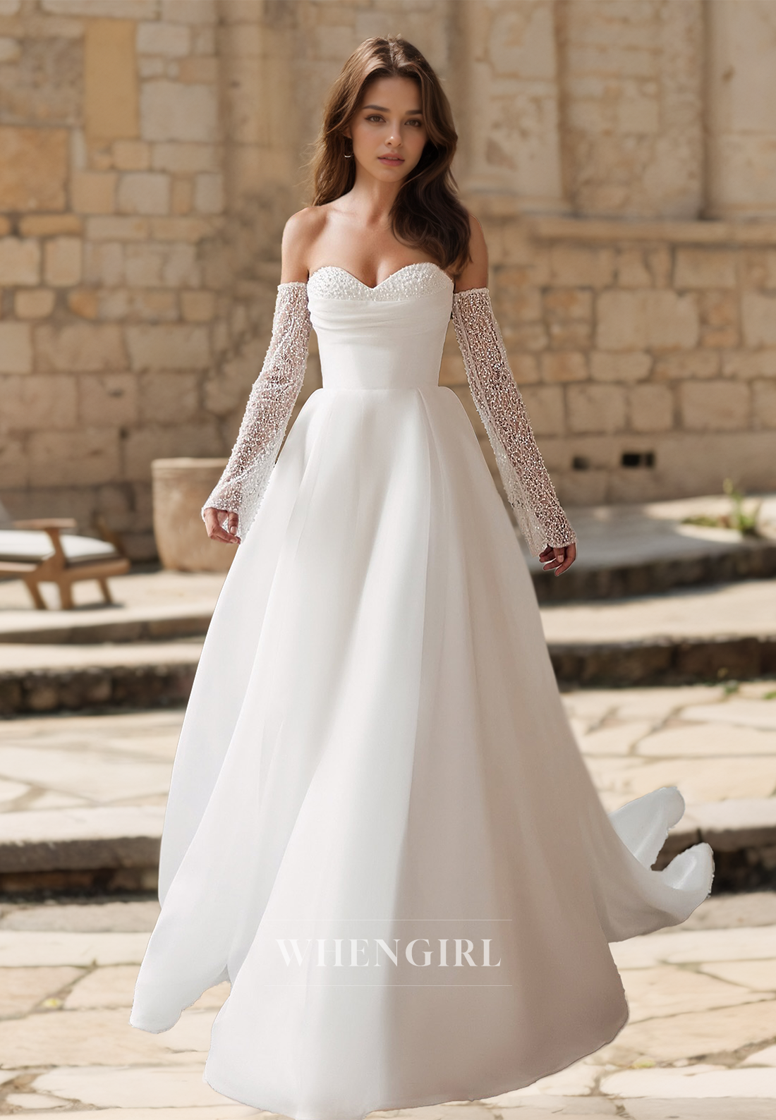 A-Line Sweetheart Long Sleeves Beaded Pleats Wedding Dress Bridal Dress with Sweep Train