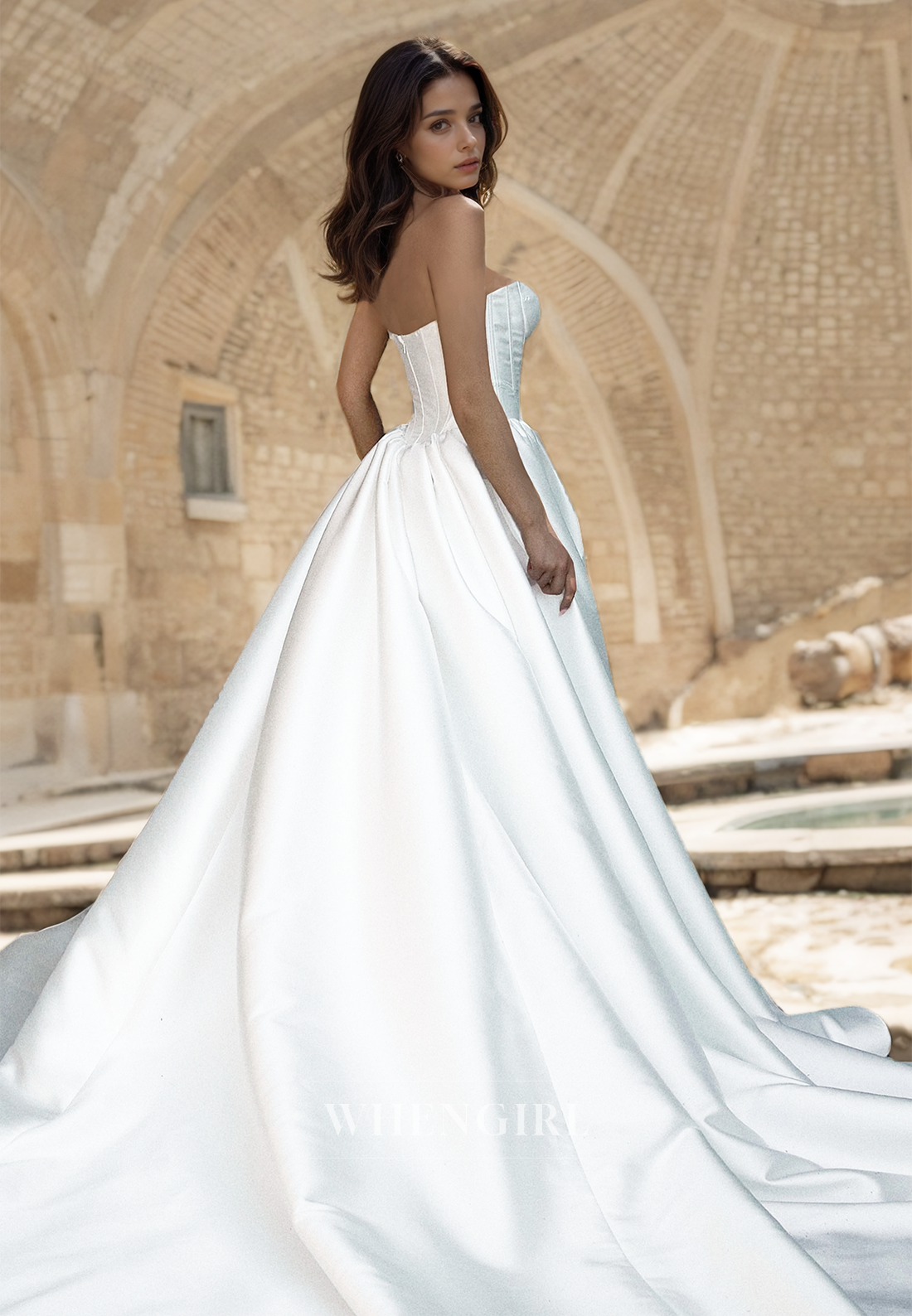 A-Line Sweetheart Sleeveless Sweep Train Stripe Satin Bridal Dress with Pleats Wedding Dress