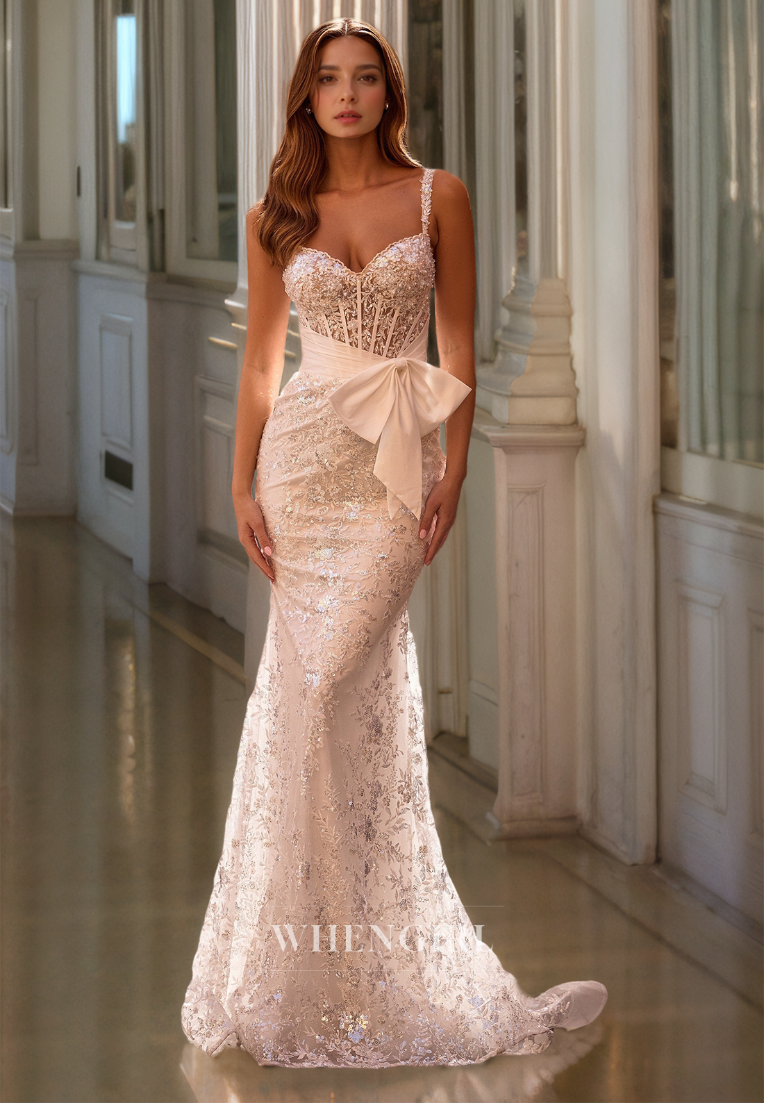 Glamorous Sweetheart Straps Mermaid Sparkly Appliques Lace Party Prom Dress with Bows