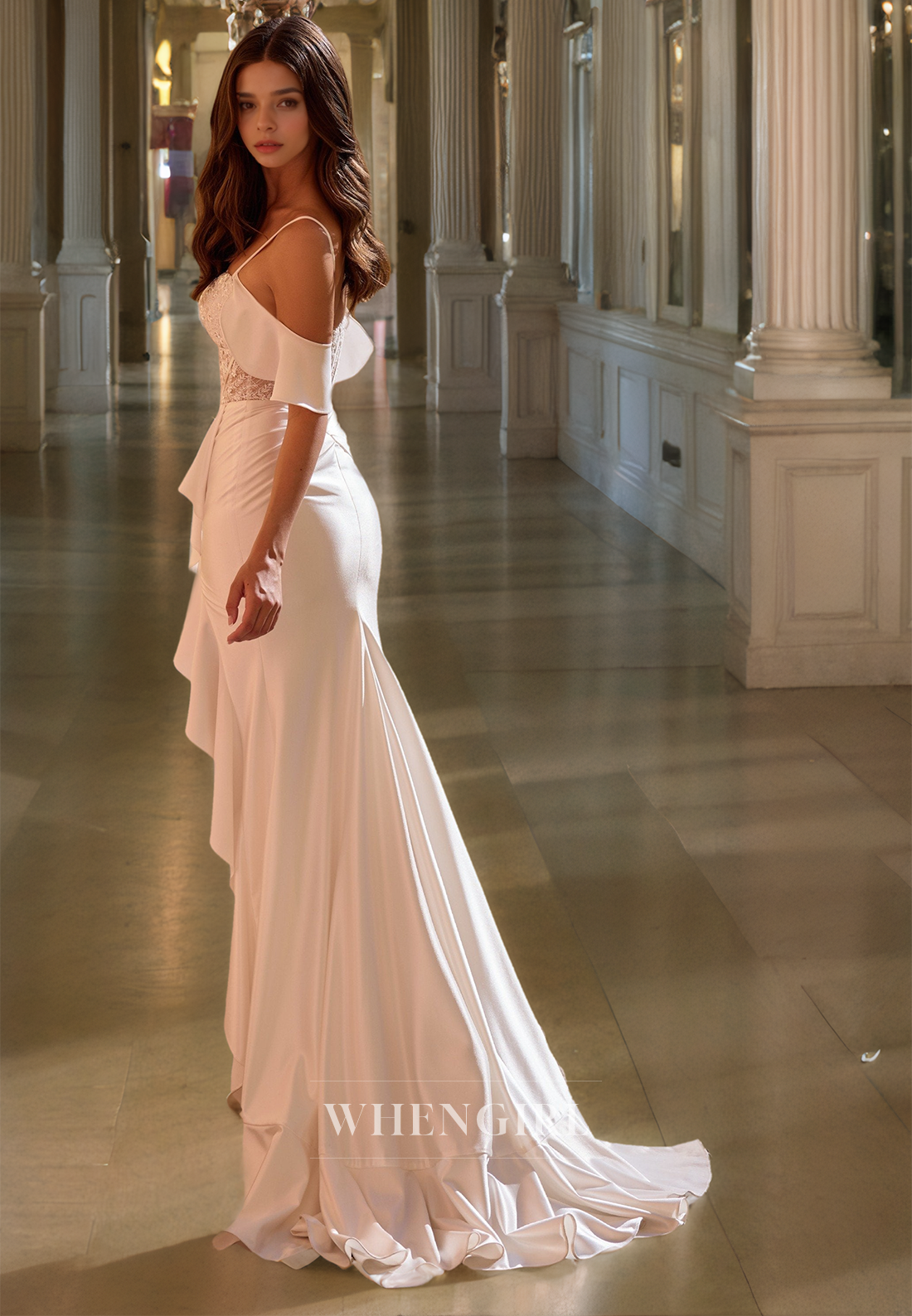 Classic Spaghetti Straps Sheath High Slit Pleats Lace Formal Party Dress with Appliques