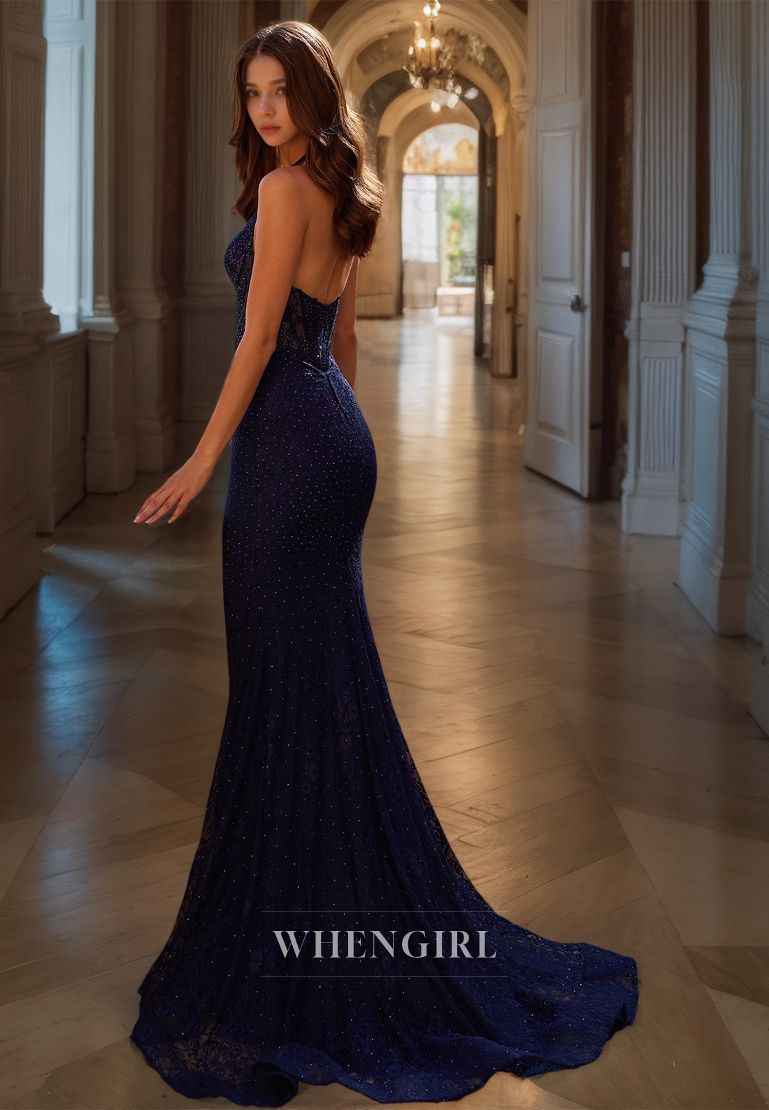 Halter Neck Deep V-Neck Sheath Sleeveless Train Appliques Lace Prom Dress with Beads Party Dress