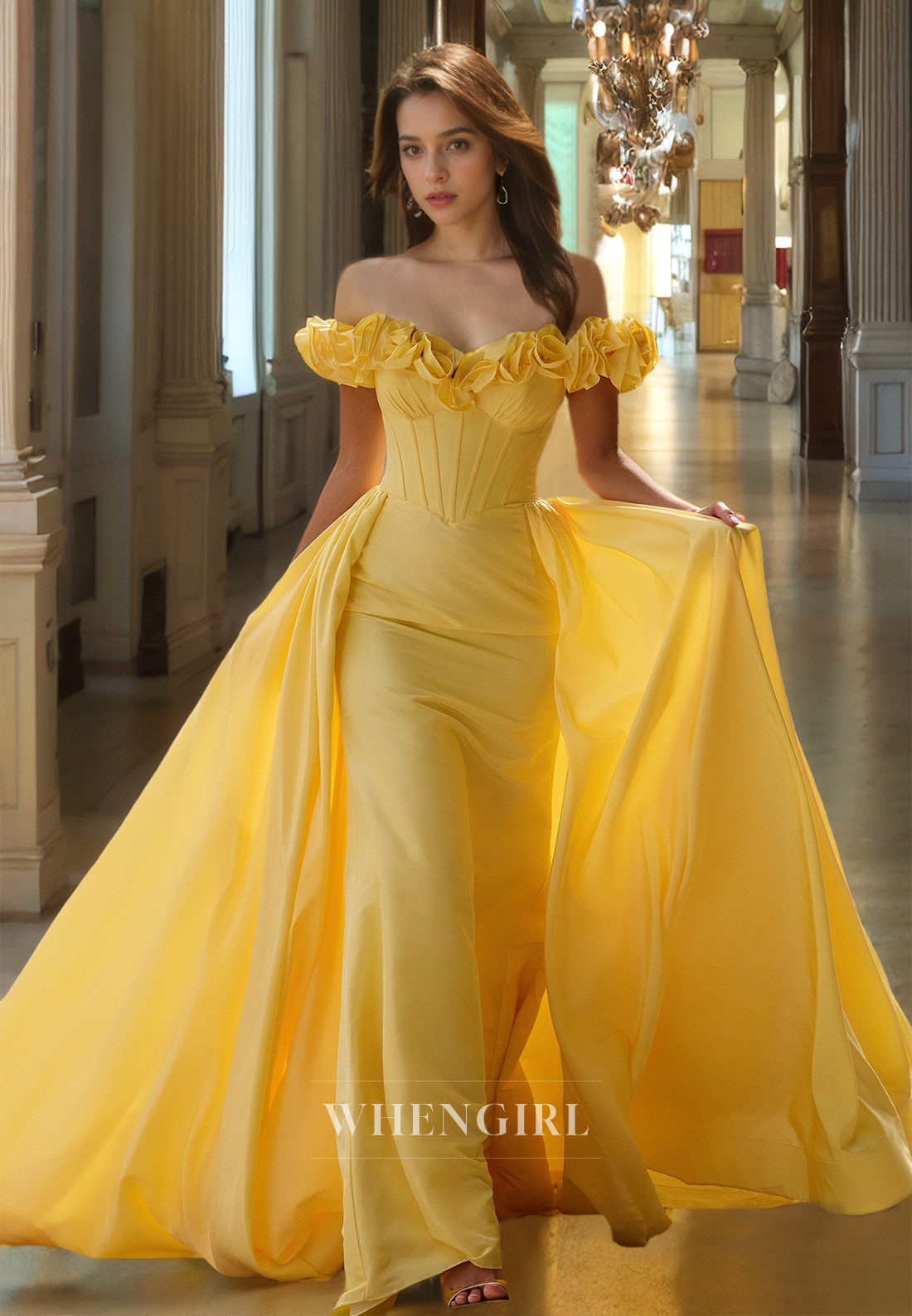 Off-Shoulder Sleeveless Sheath Stripe Floral Embossed Prom Dress Formal Gown with Overskirt