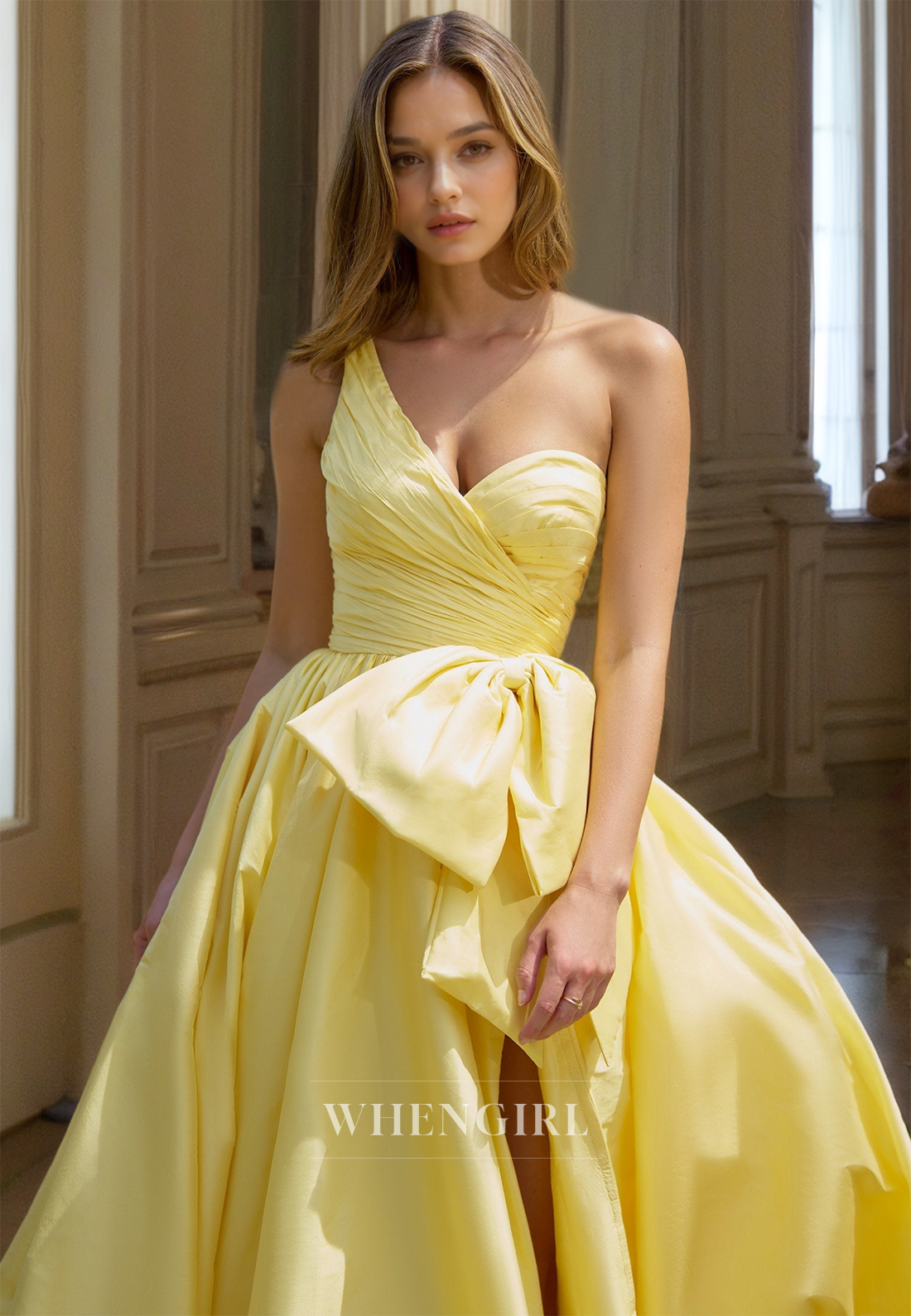 One Shoulder A-Line Sleeveless High Split Brush Train Ruched Prom Dress Formal Gowns with Bows
