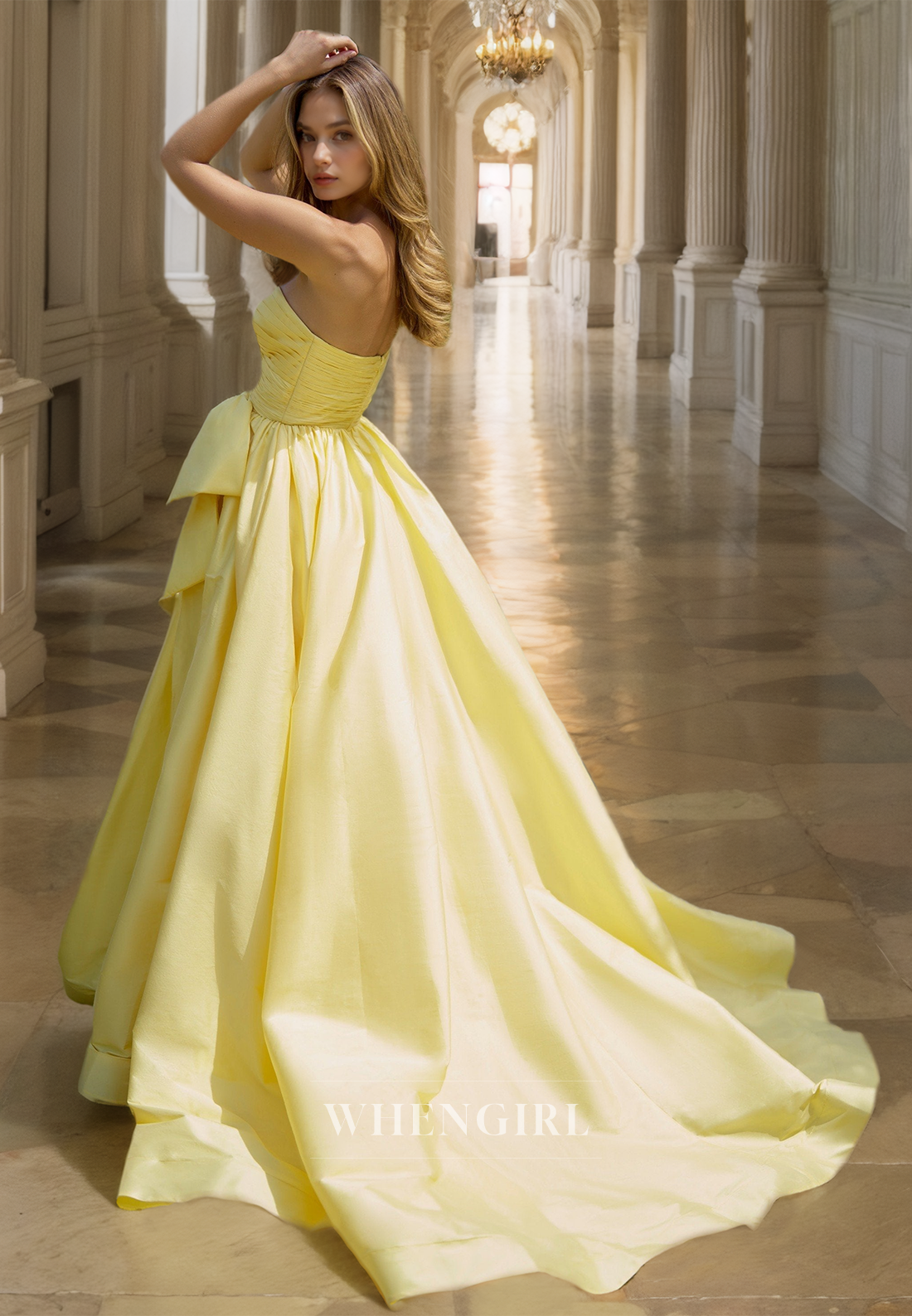 One Shoulder A-Line Sleeveless High Split Brush Train Ruched Prom Dress Formal Gowns with Bows