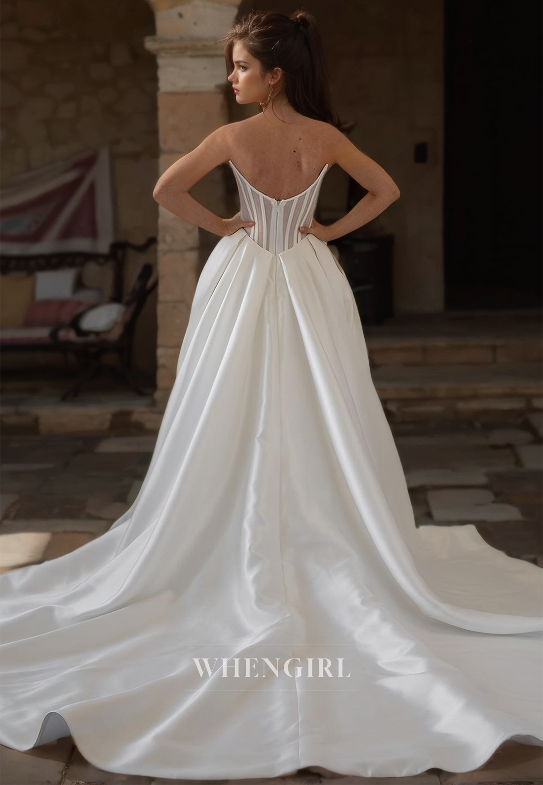 Tube Top A-Line Sleeveless Stripe High Split Pleated Satin Wedding Dress Bridal Gowns with Train