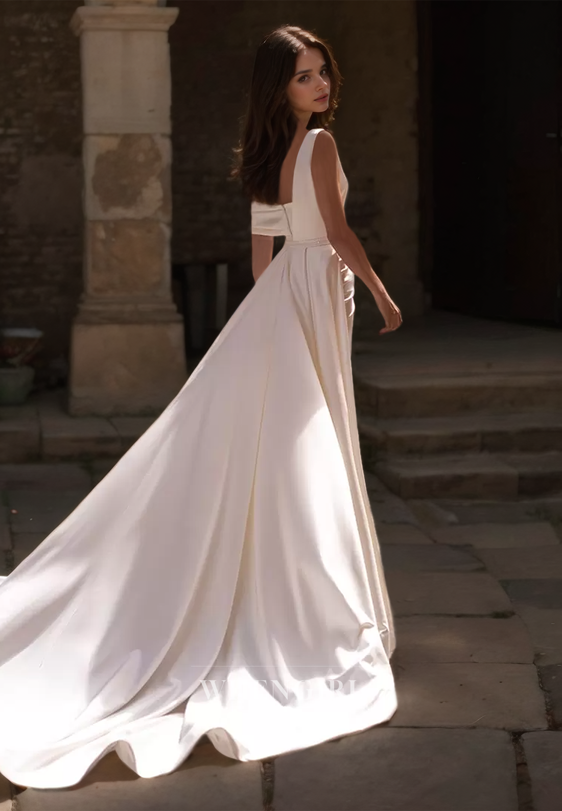 One Shoulder Sleeveless Sweep Train Pleated Satin Boho Wedding Dress Beach Gowns with Slit