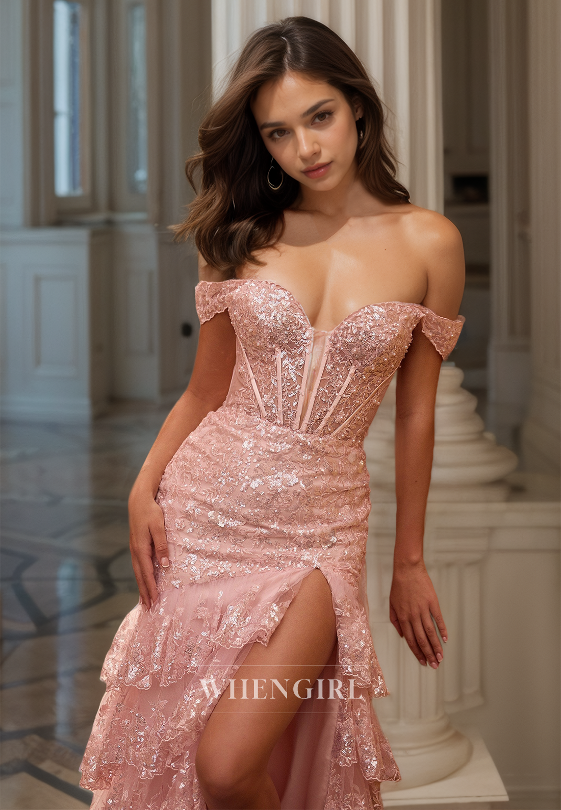 Off-Shoulder Sleeveless Mermaid High Slit Sequins Appliques Lace Prom Dress with Train Party Dress