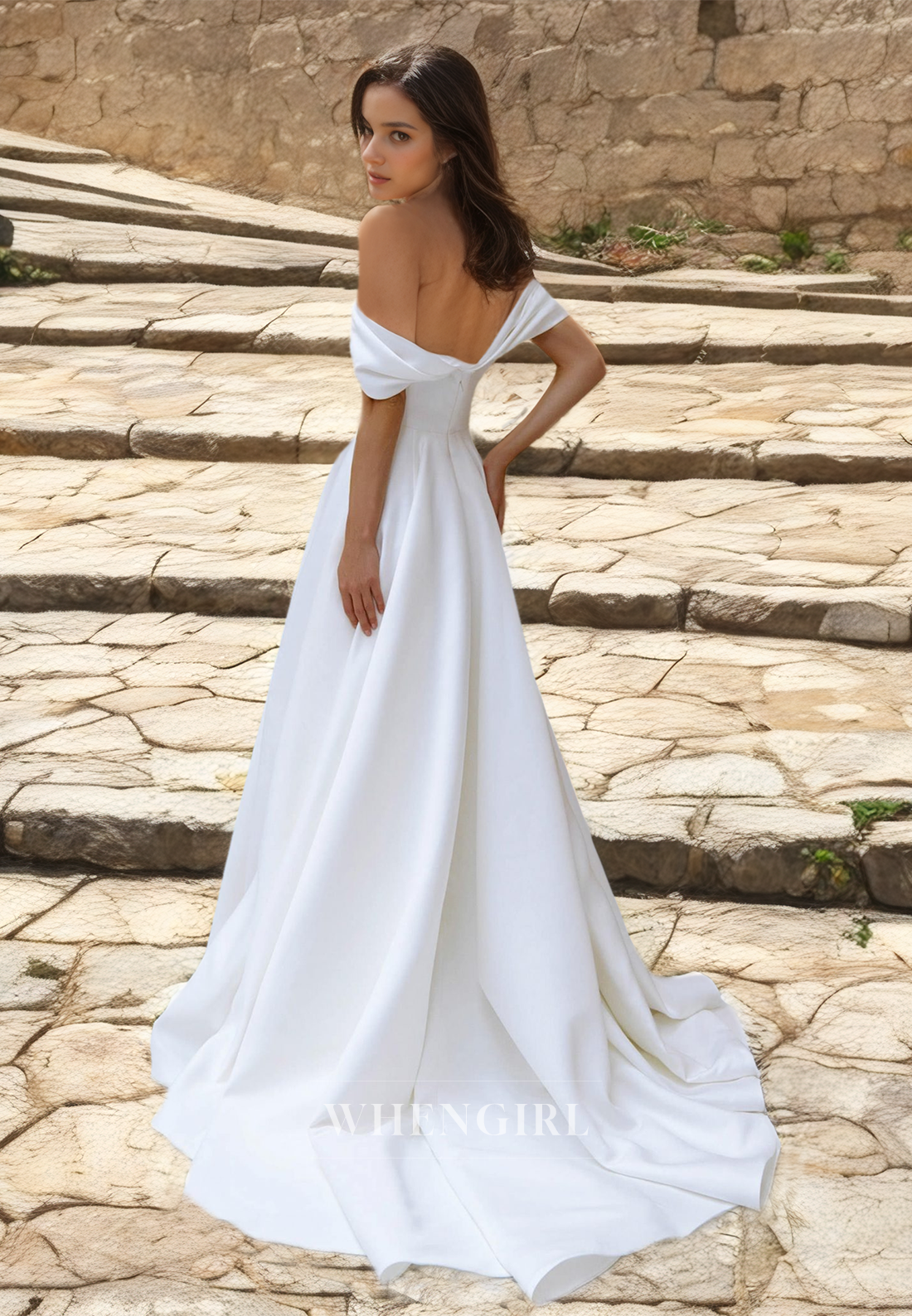 A-Line Off-Shoulder Sleeveless Pleated Satin Wedding Dress Bridal Dress with Sweep Train