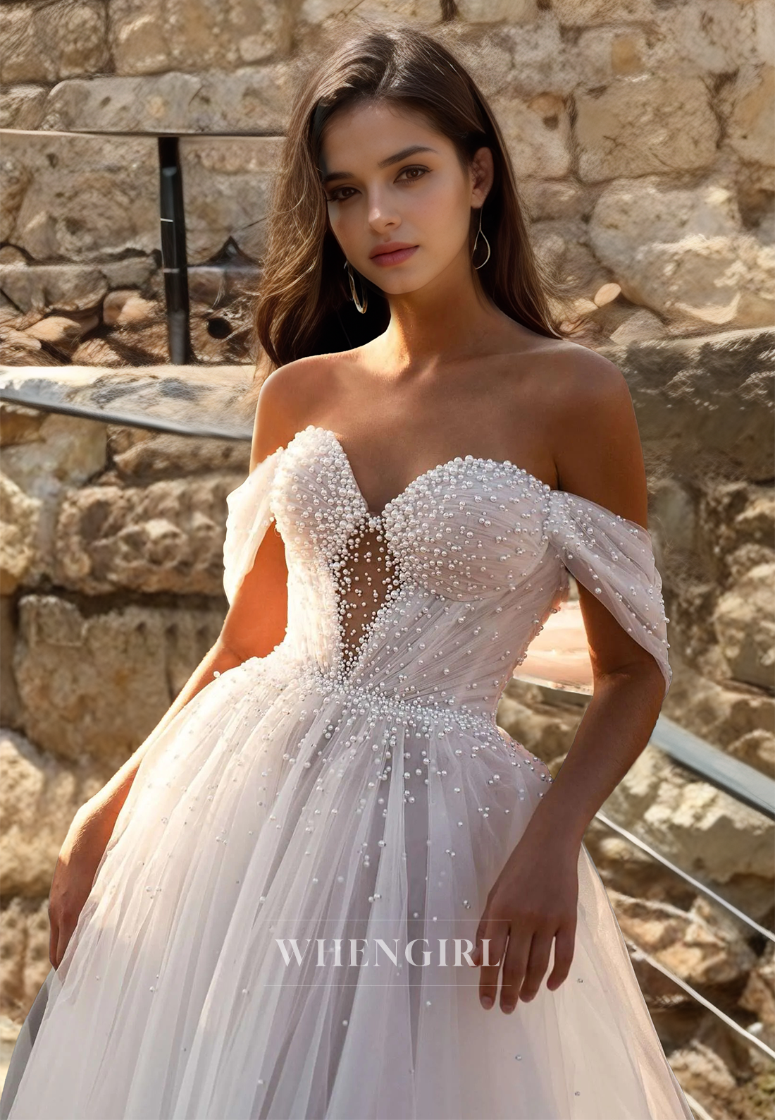 Beaded A-Line Off-Shoulder Sweetheart Sleeveless Pleated Lace Wedding Dress with Train Bridal Gowns