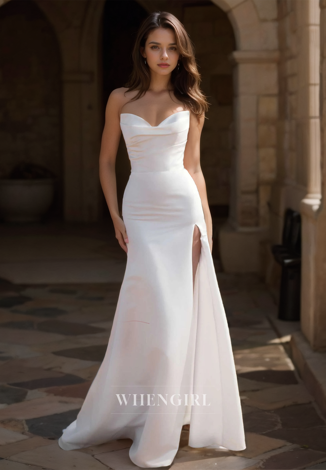 Sweetheart Sheath Sleeveless High Split Ruched Sartin Beach Dress with Train Boho Wedding Dress