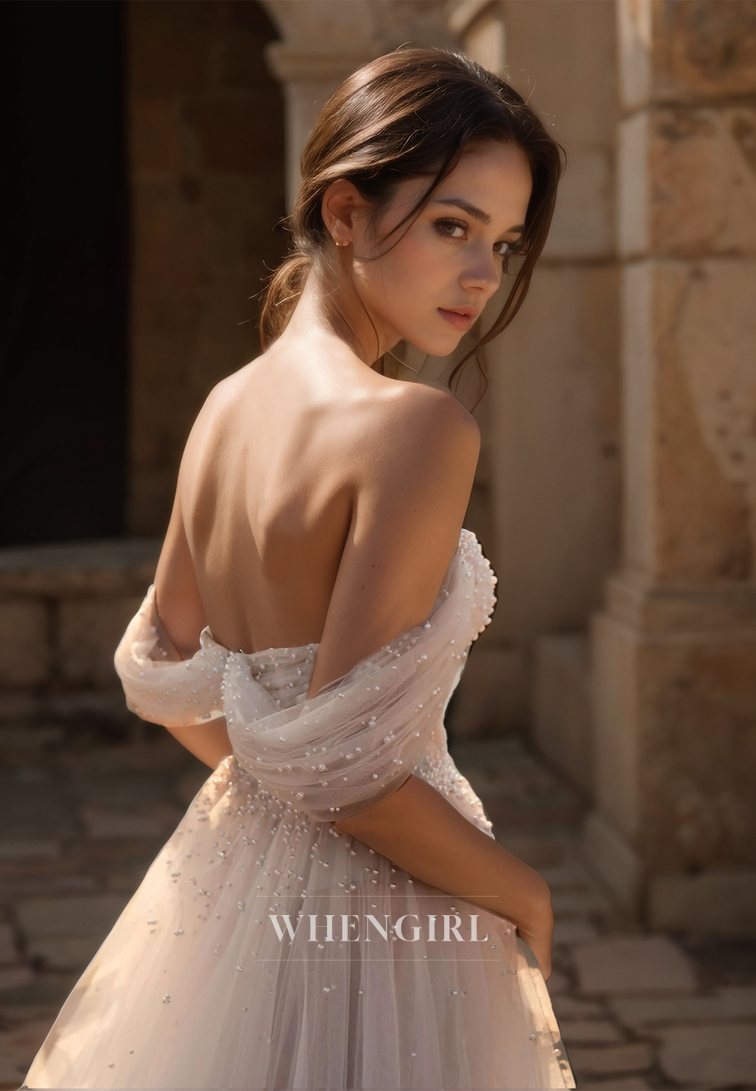 Beaded A-Line Off-Shoulder Sweetheart Sleeveless Pleated Lace Wedding Dress with Train Bridal Gowns